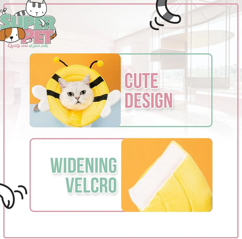 Soft adjustable cat cone collar with bee design and Velcro closure in four sizes