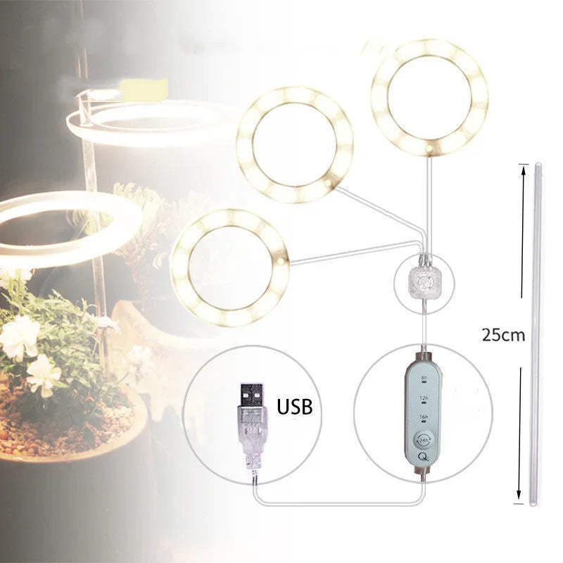 USB-powered LED plant grow light with full spectrum bulb and clear acrylic positioning stick.