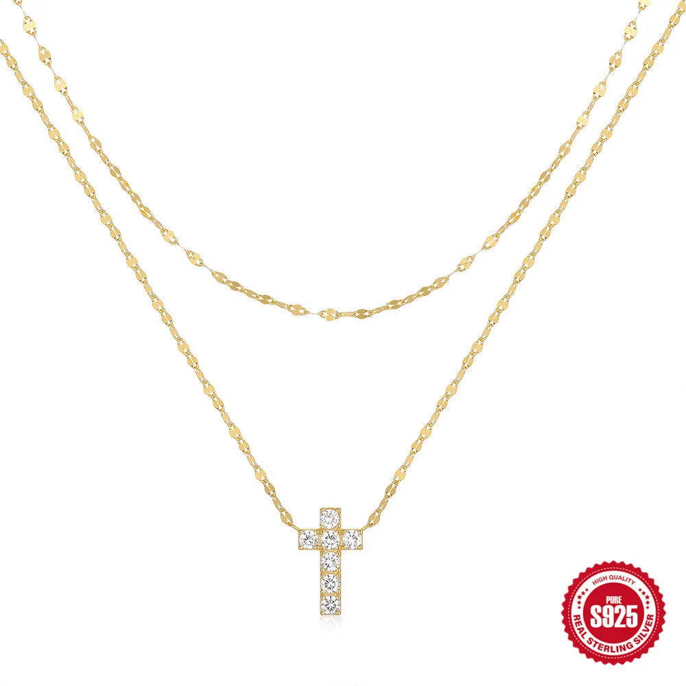 Sterling silver double layer twin diamond cross pendant necklace with S925 chain in geometric design