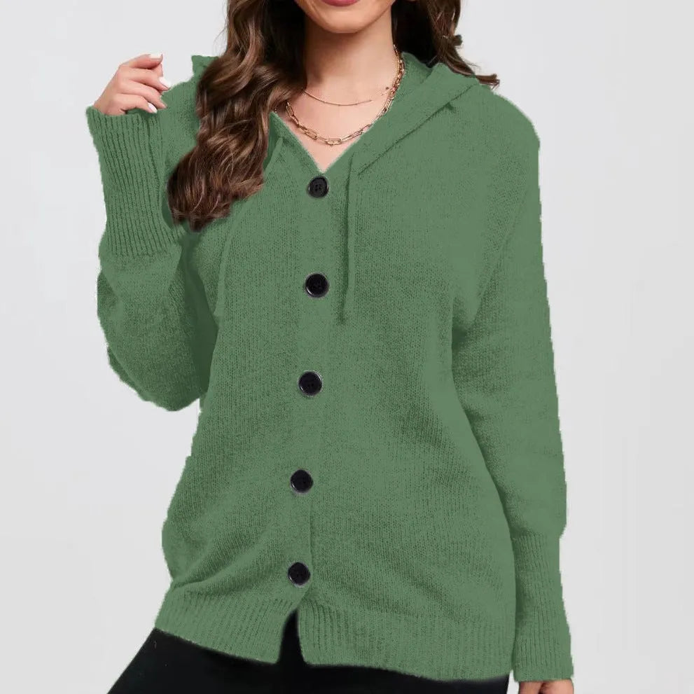 Women's loose hooded cotton sweater in a solid colour with a textured 3D pattern, shown as a cardigan.