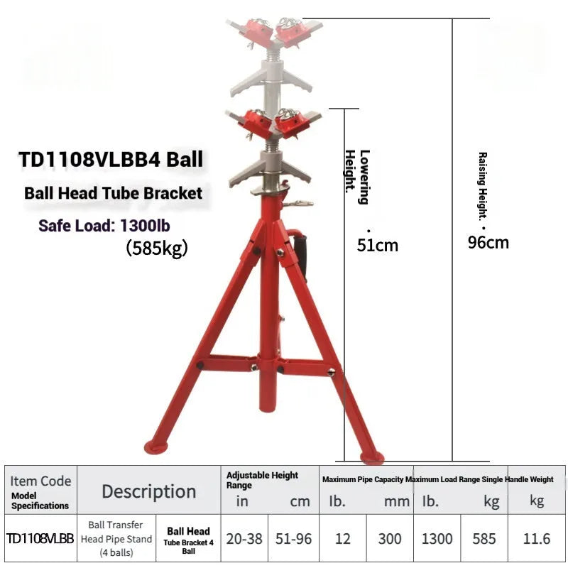 Metal V-head pipe bracket shown in high and low variants with ball bearing options for steel pipe support.