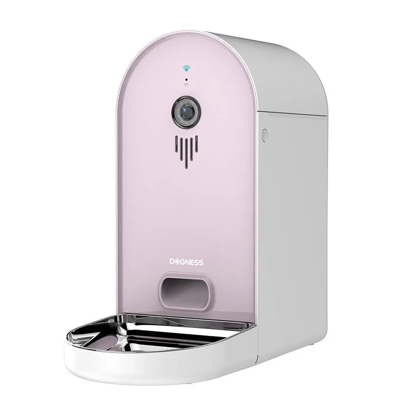 Smart automatic pet feeder with remote monitoring in Barbie pink and ivory white colour combination