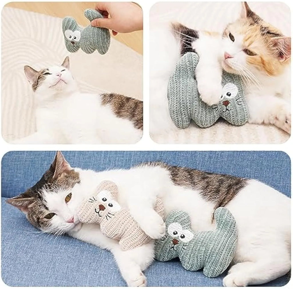 Cyan knitted plush catnip toy with bell measuring 12x11cm for cats and kittens
