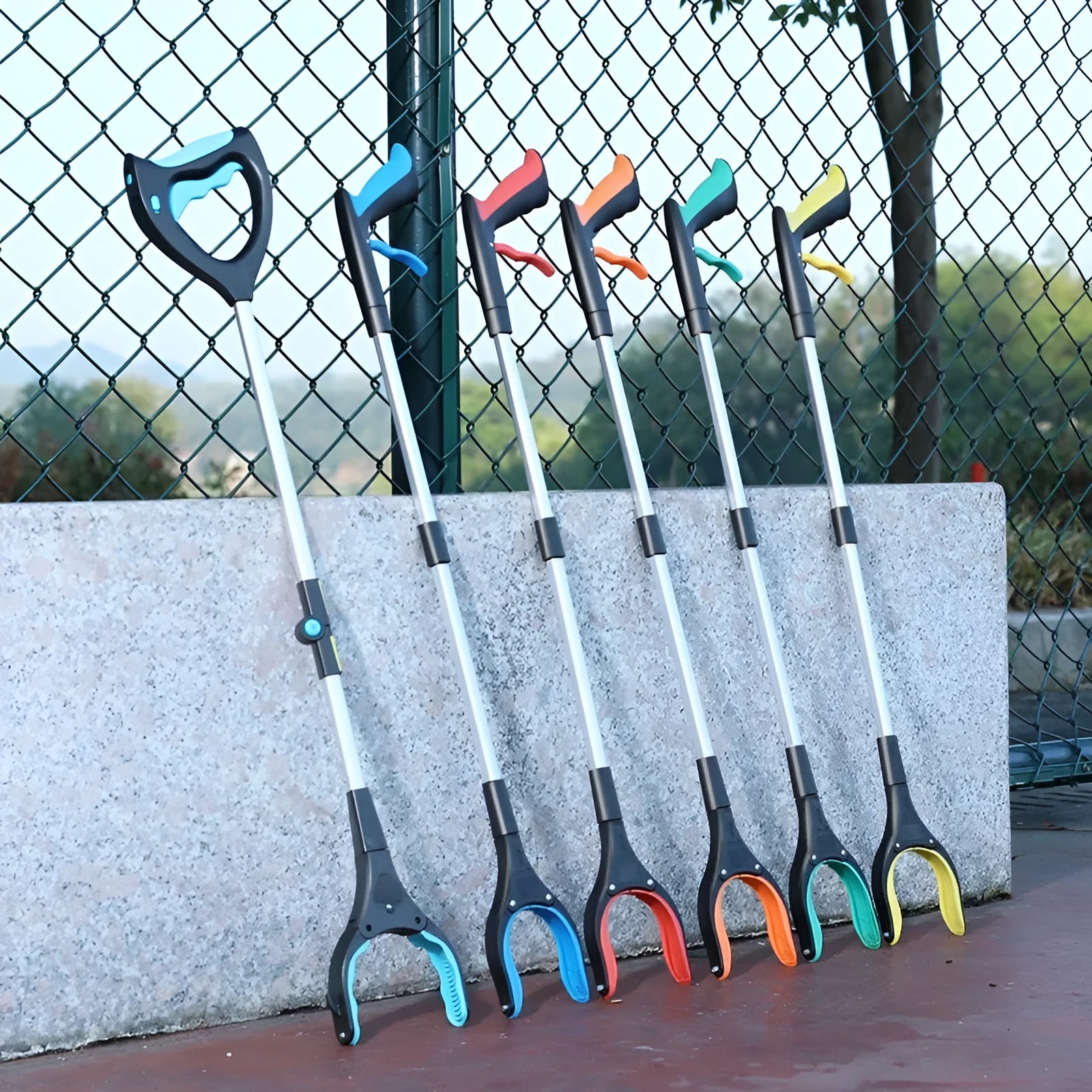 Trash folder artifact sewer pliers waste grabber tool in blue, green, orange, red, yellow, and blue lighting colours