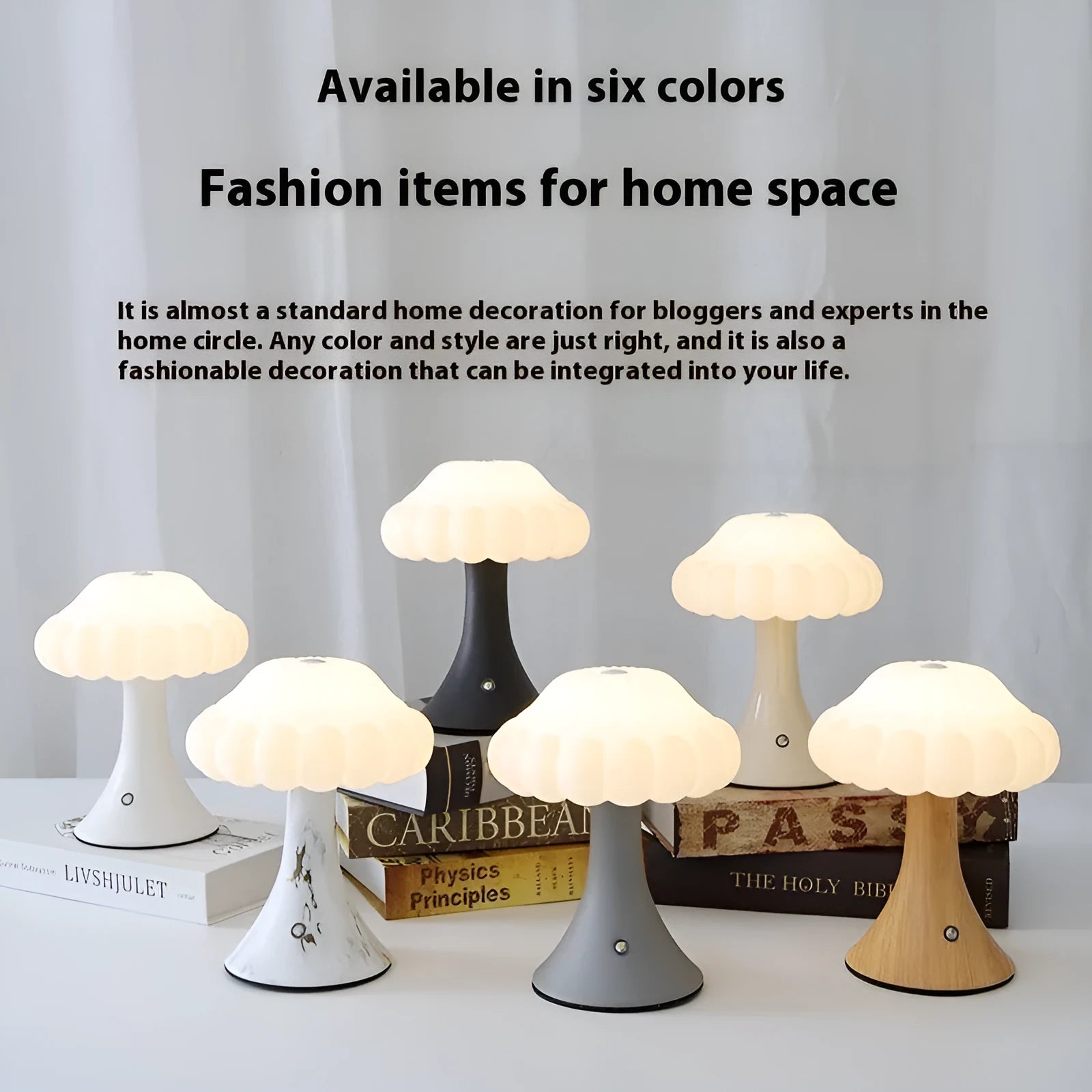 Mushroom shaped touch control night lamp with USB charging in wood grain colour