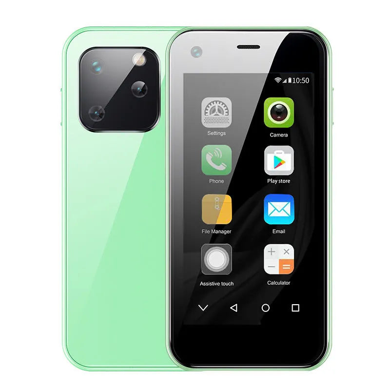 Compact Android smartphone with 2.5 inch screen showing home screen interface