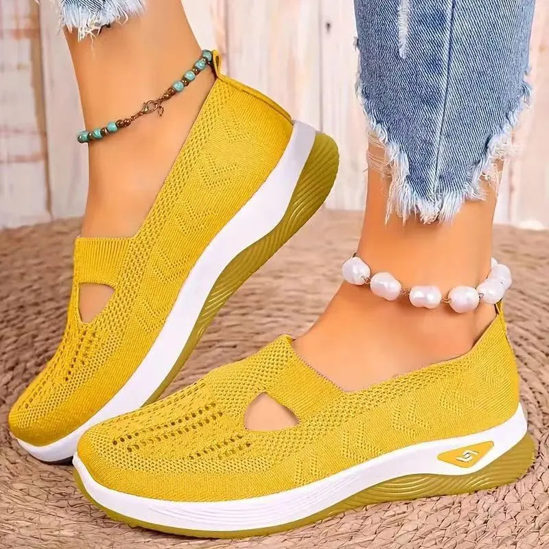 Casual mesh mom shoes with T-shaped strap and soft PVC sole in multiple colour options