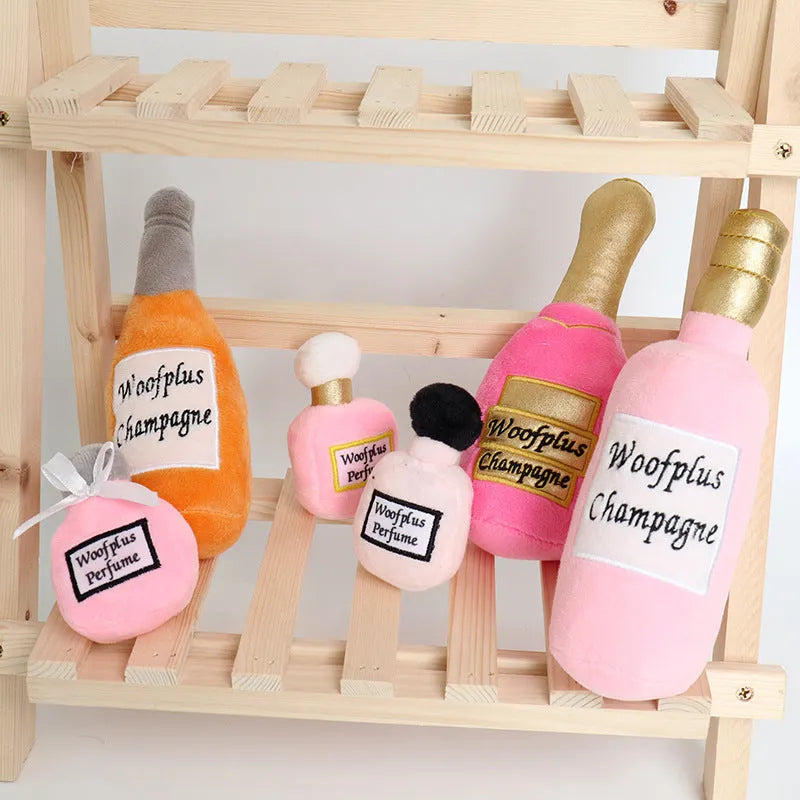 Plush wine bottle pet toy for dogs and cats in six colour variations