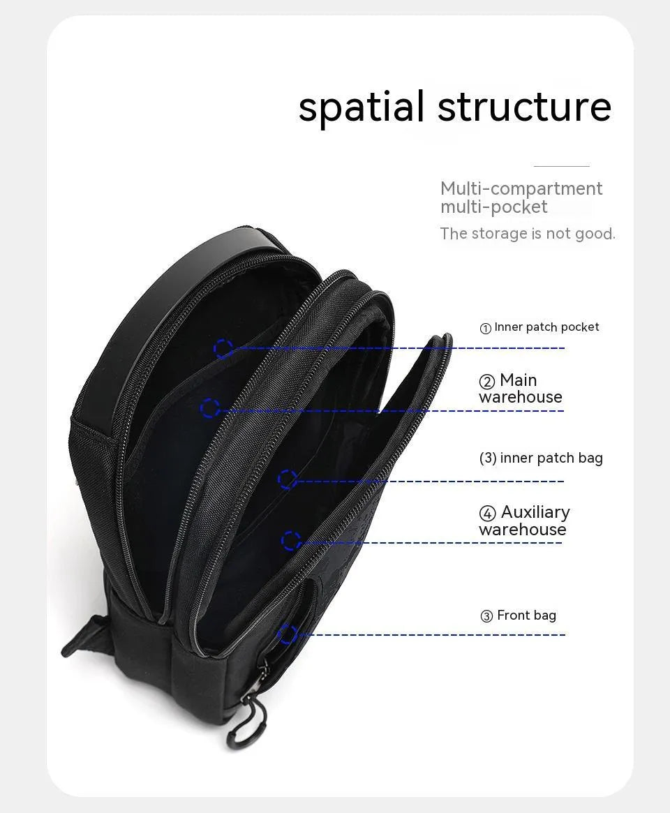 Casual black TPU camouflage chest bag with a soft handle and single shoulder strap.