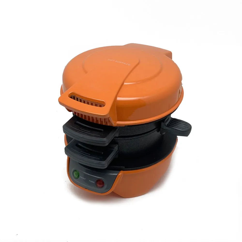 Household breakfast sandwich maker with egg cooker ring in bright red, orange or silver grey colour