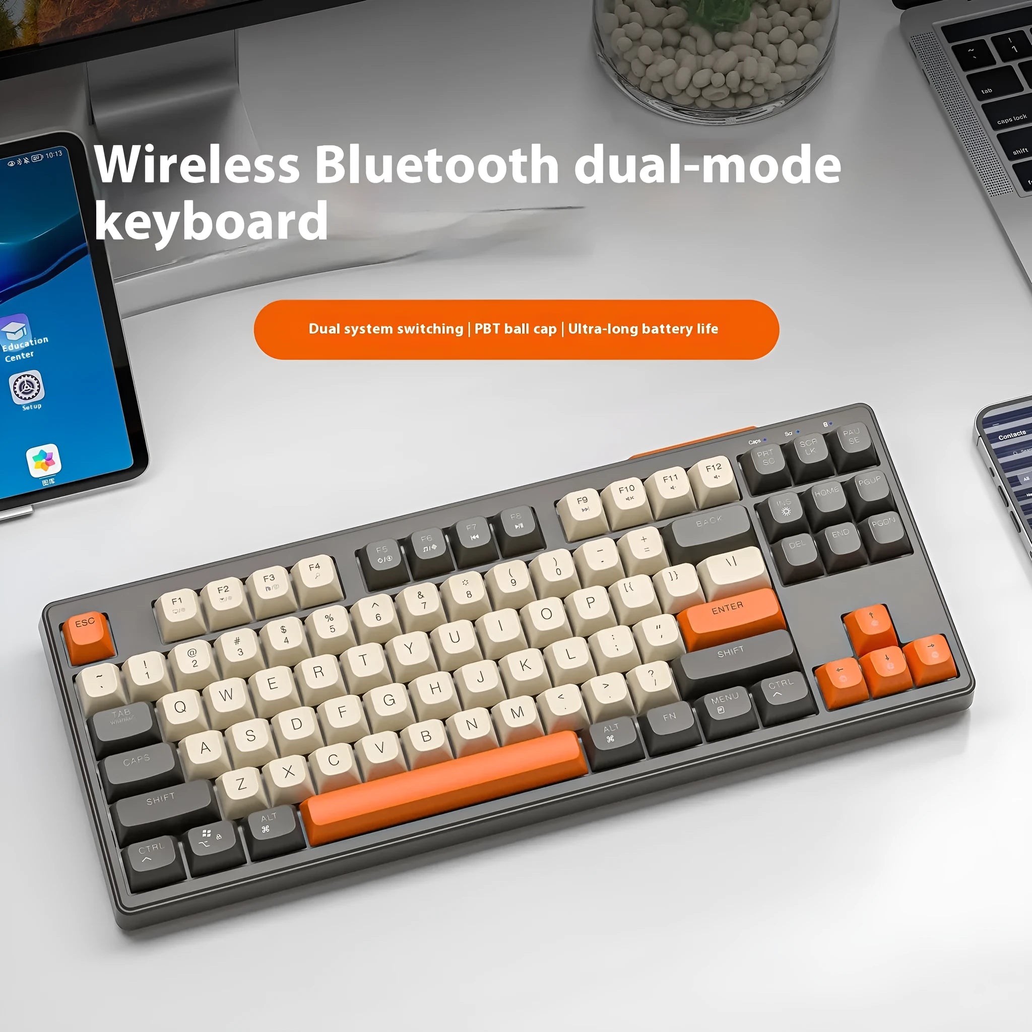 Free Wolf M87 wireless Bluetooth keyboard in blueberry colour on a desk, showing compact 87-key layout.