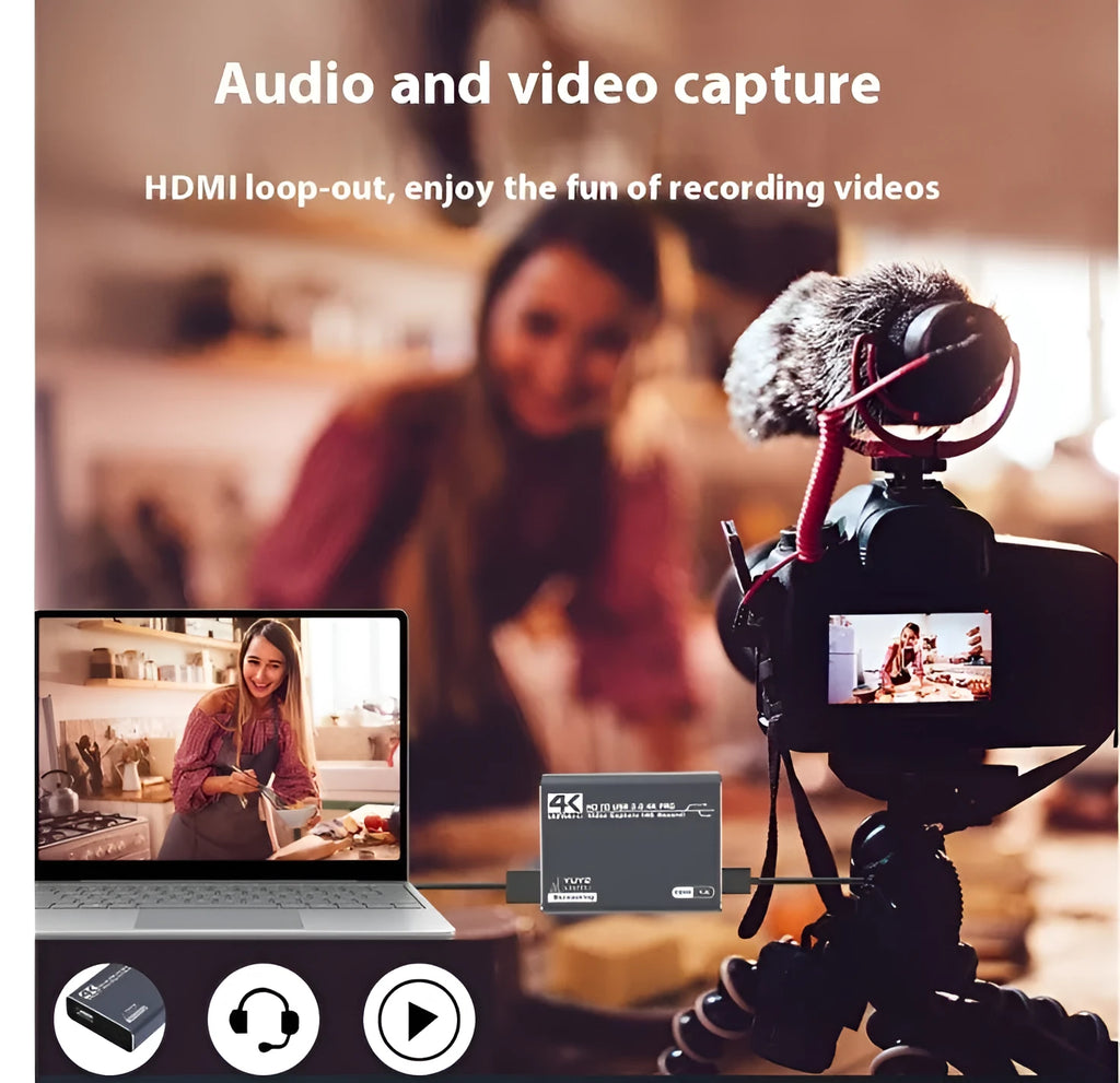 Black 4K gaming set-top box with audio recording function and MS2131 chip.