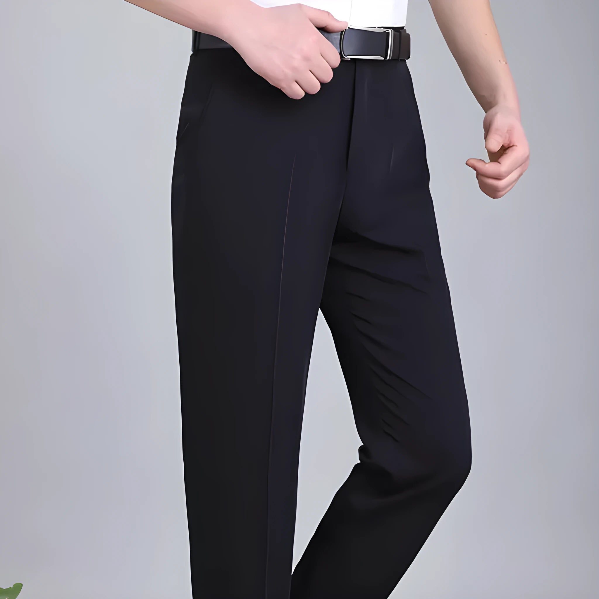 Men's straight-leg suit trousers in a dark blue colour, showing high waist and business cut.