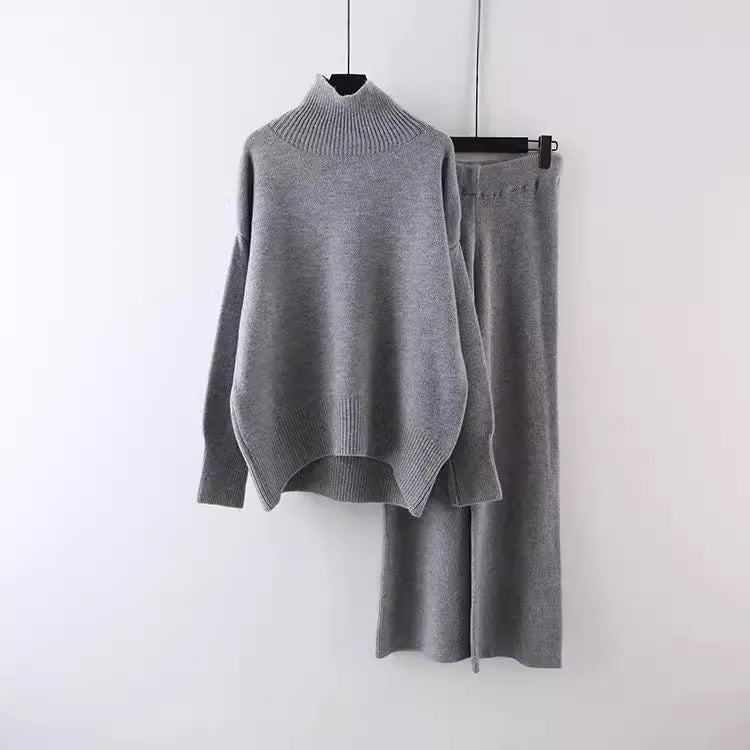 Women's milky white acrylic fibre sweater and wide-leg trousers two-piece casual set.