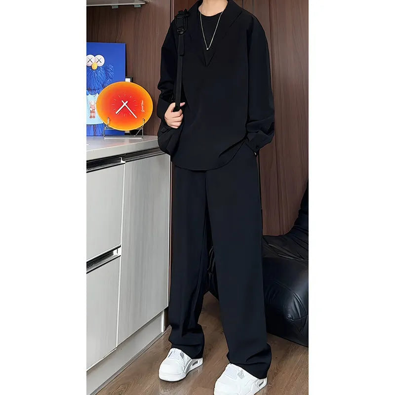 Men's black hemp polo shirt and trousers two-piece casual suit in slim fit