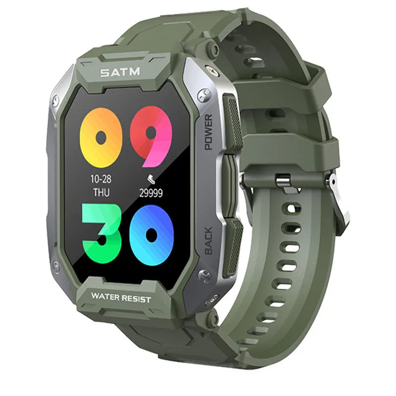 Men's silicone wristband smartwatch showing health monitoring functions in C20 camouflage colour option
