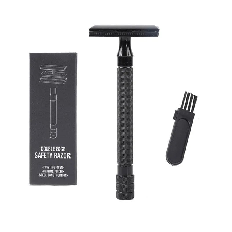 Old-fashioned manual metal shaving scraper and brush set in black and silver finishes