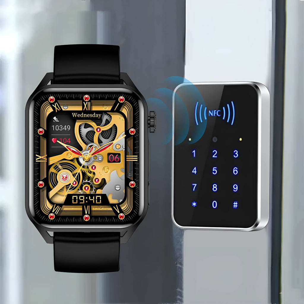 Black smart watch with 1.8 inch AMOLED screen and silicone wrist strap showing multiple watch face options