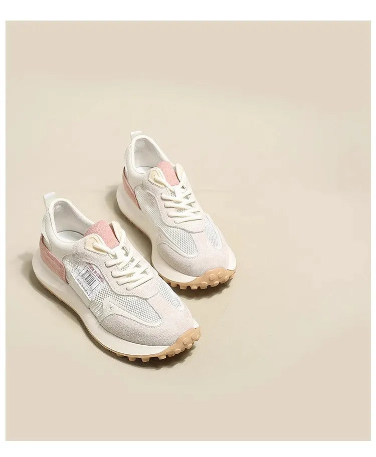 Women's grey and pink retro sneakers with rubber soles and mesh lining in low-top design