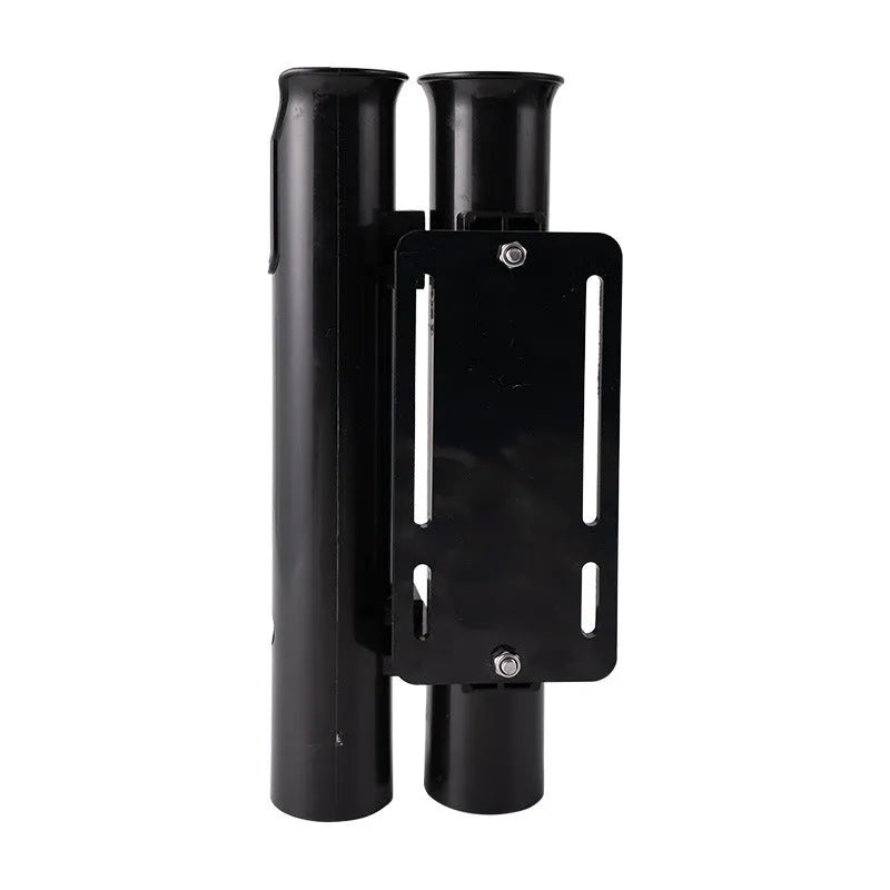 Plastic fishing rod rack clamp mounted on bicycle frame with fishing rods secured