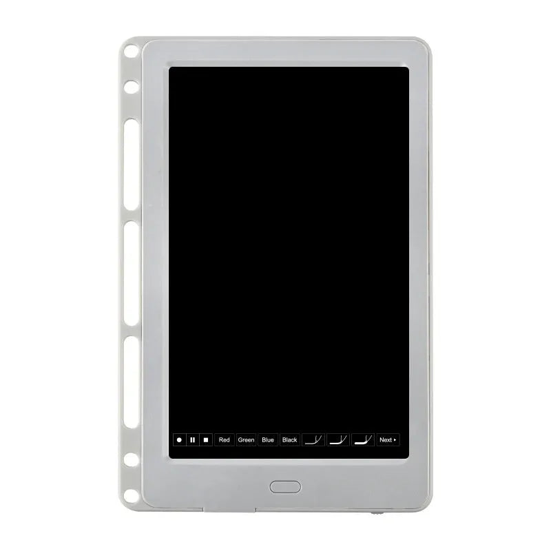 85-inch electronic writing pad with stitching design, smart pen, and USB charger on a table.