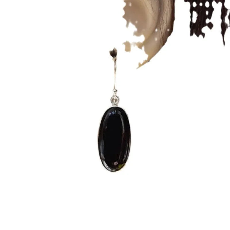 Women's black agate oval pendant earrings with 925 silver geometric design and electroplated alloy construction