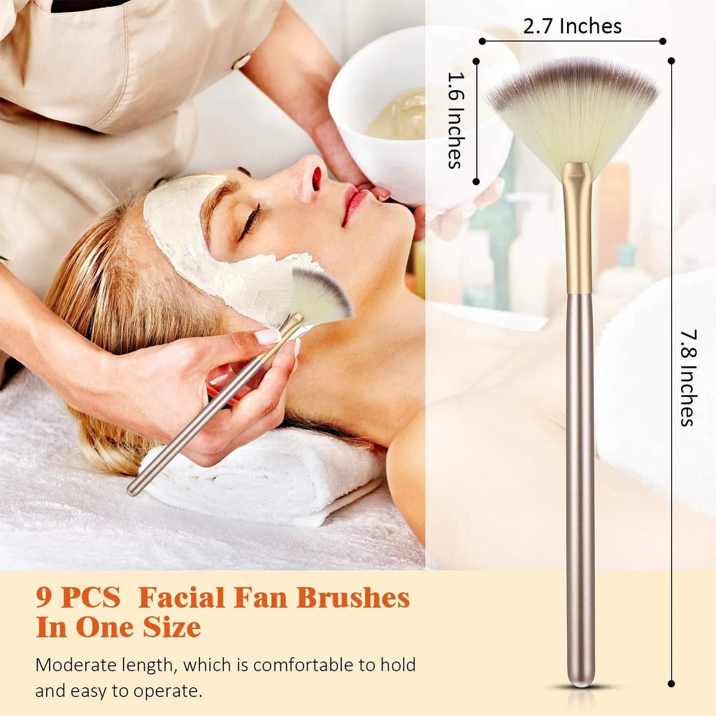 10 professional facial fan brushes with champagne finish acrylic handles and soft fibre bristles