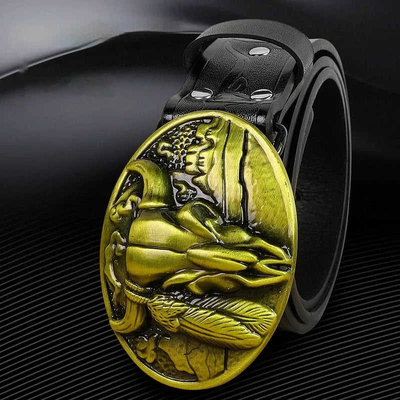 Men's black imitation leather belt with a detailed alloy cow head buckle.