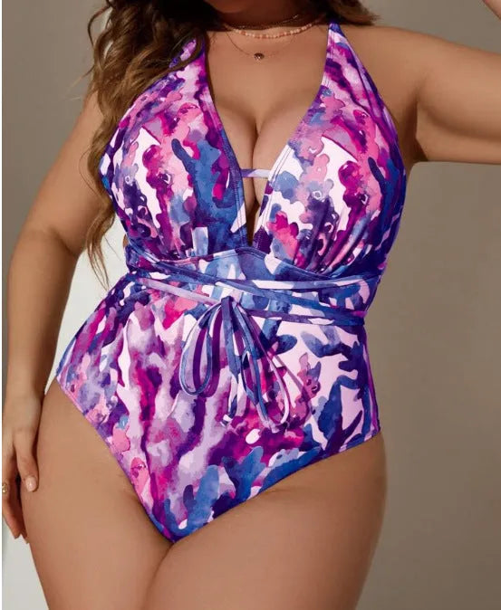 Solid blue women's halter neck one-piece swimsuit on a mannequin, showing European and American style bikini cut