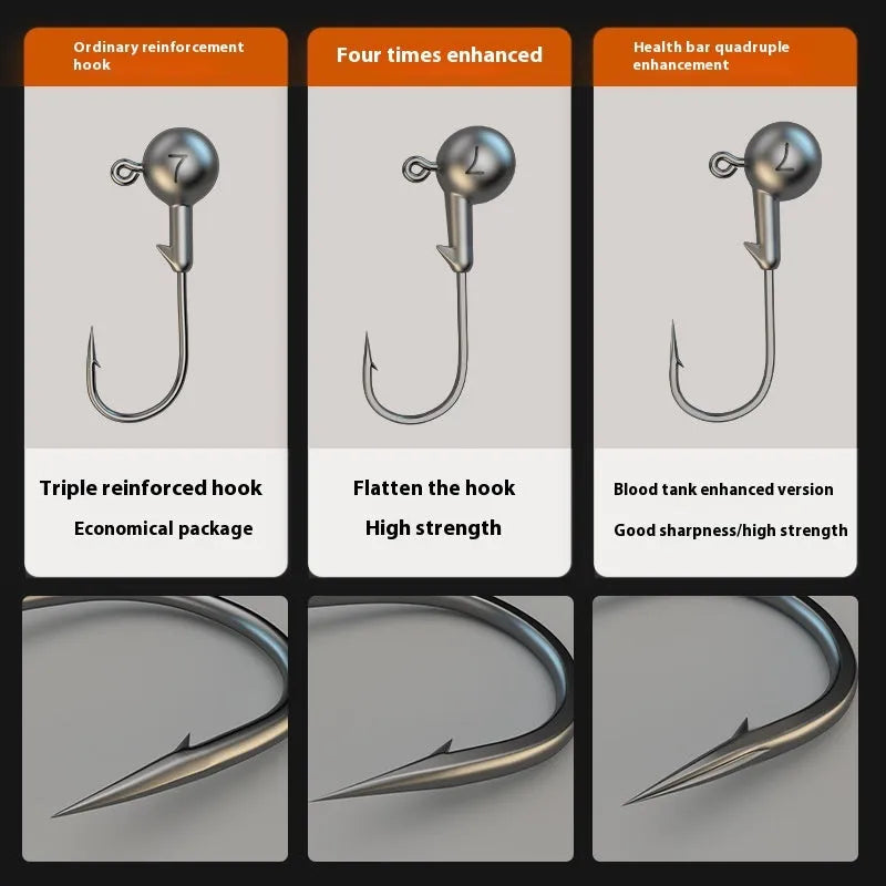Enhanced jig hook fishing set with 50 pieces and four-times strengthened construction in primary colour.