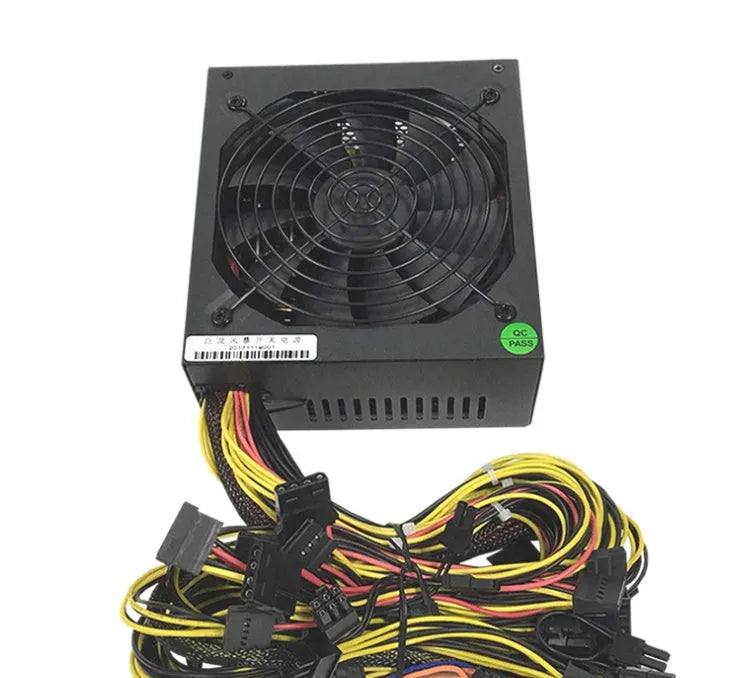 Black server power supply unit with 110V input, multiple GPU power connectors, and a 4+4 CPU pin.
