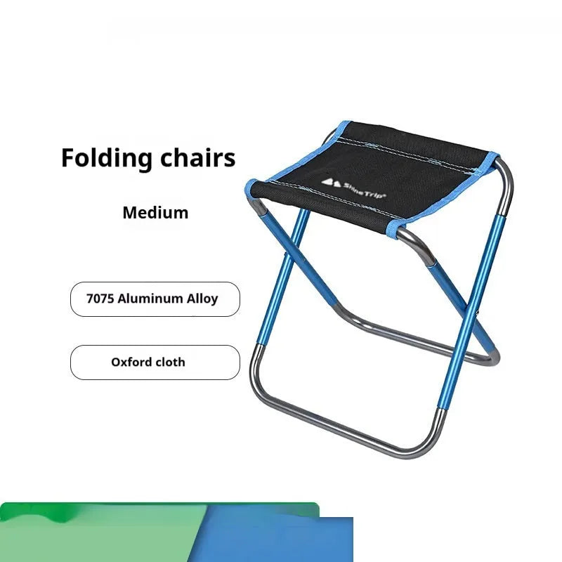 Black aluminium alloy folding stool in a folded and unfolded state, showing ethnic style details.