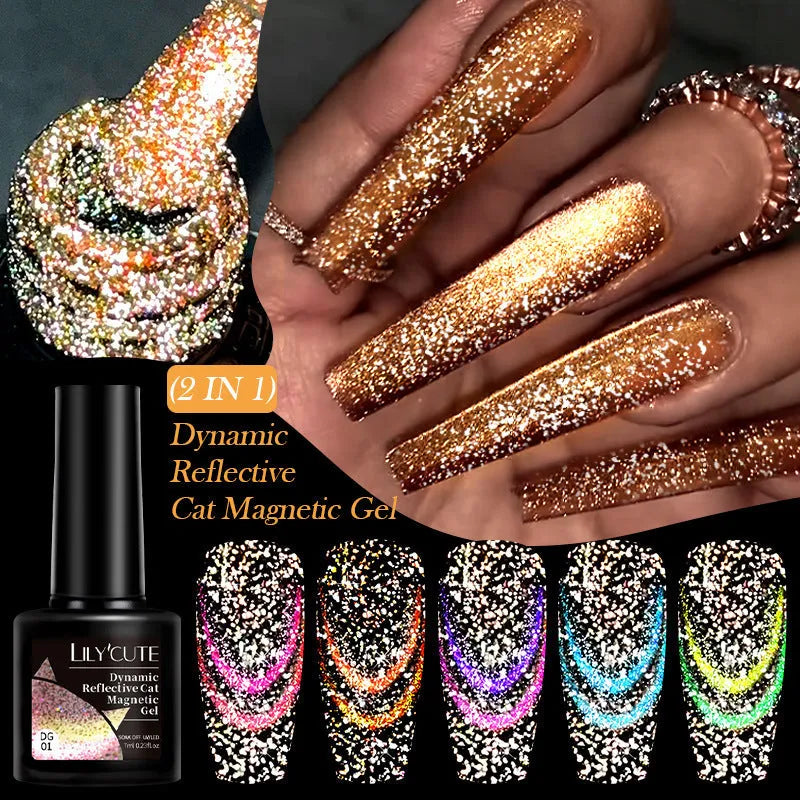 UV cat eye gel nail polish bottles with diamond glitter in six colour variations