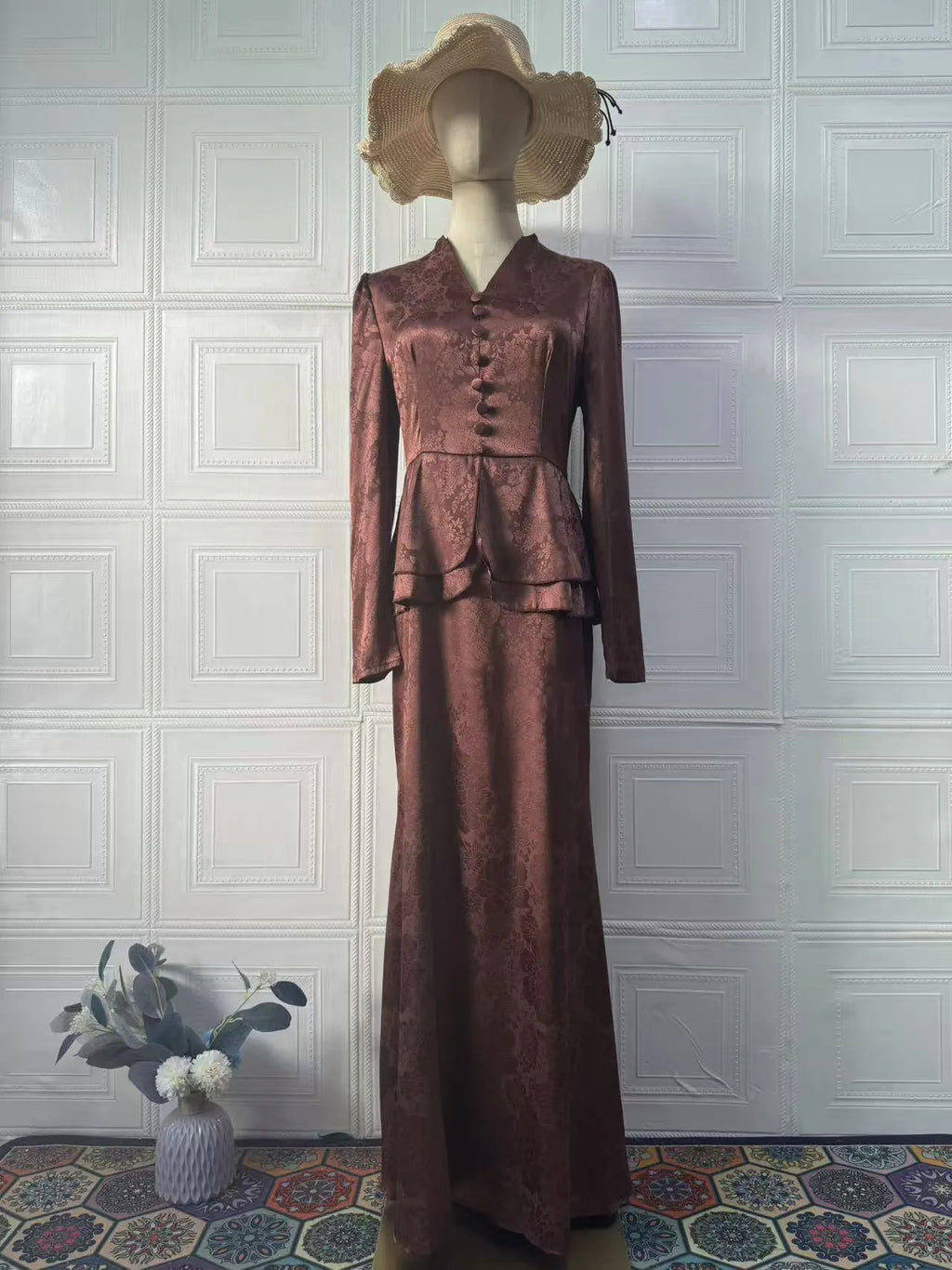 Dark brown artistic retro dress with floral pattern, long sleeves, and slim fit silhouette