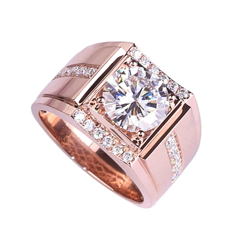 Men's adjustable copper ring with imitation moissanite stones in geometric pattern