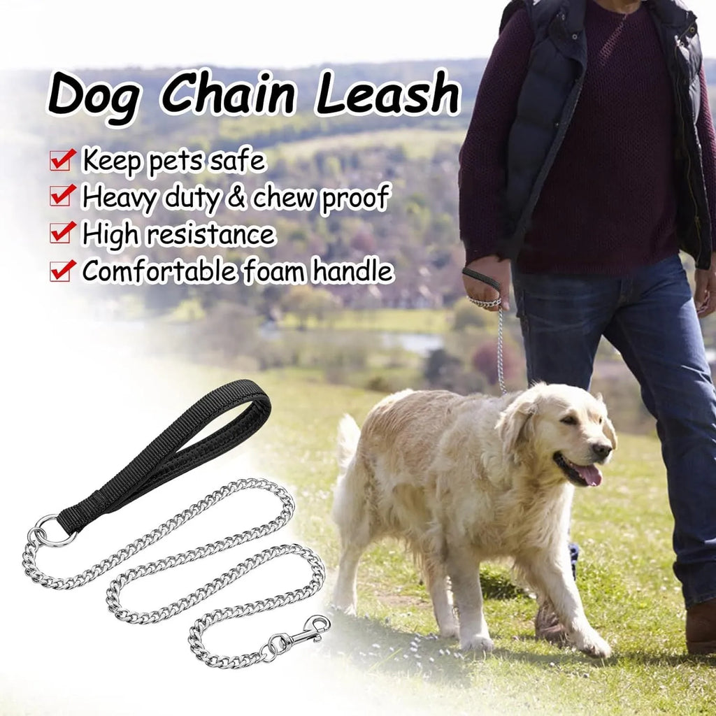 Heavy duty metal dog leash with padded handle in black, blue, or red colours