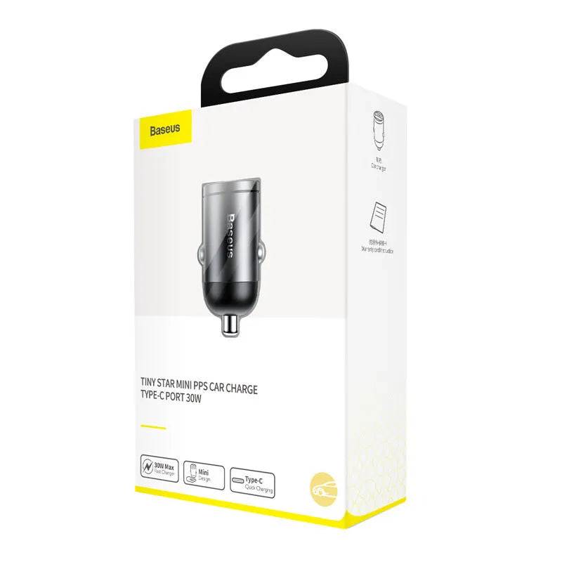 Baseus Huixiaoxing Mini 30W single USB car charger in electro-optical grey with 1m cable