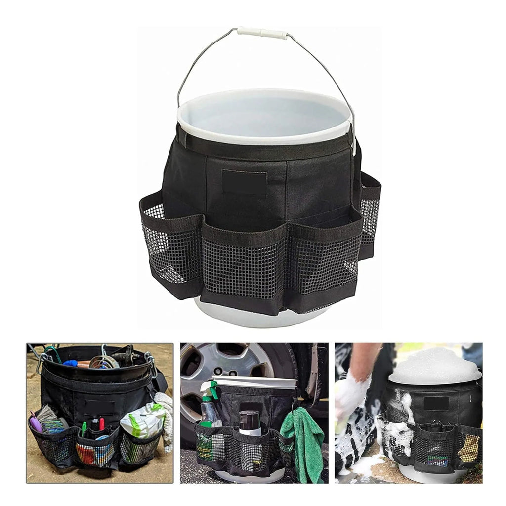 Black cylindrical polyester storage bag hanging from the rim of a 5-gallon barrel.