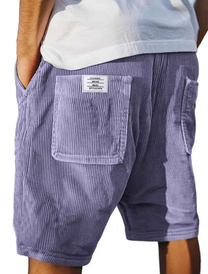 Men's straight-leg corduroy shorts with multiple pockets and embroidery detail in grey