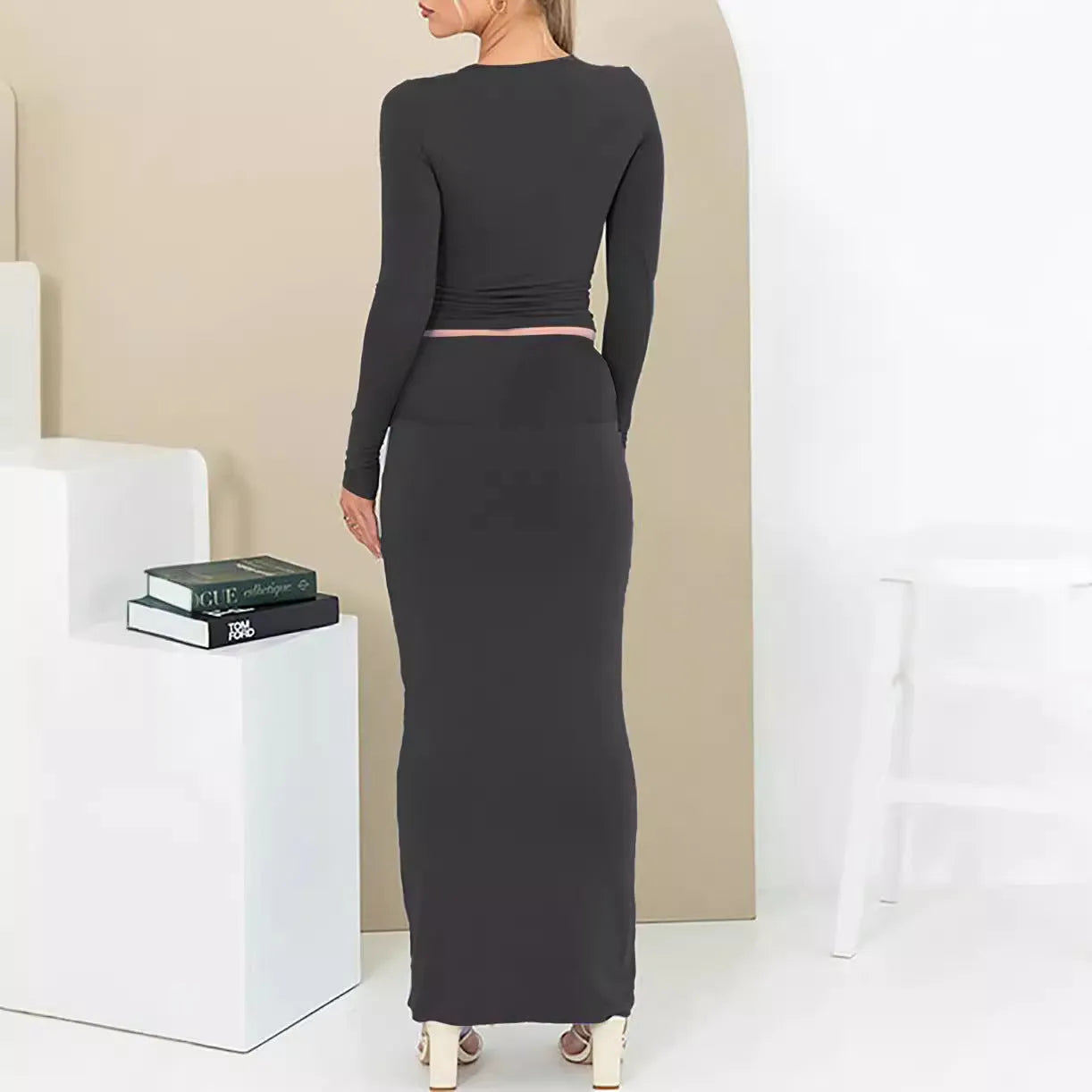 Women's autumn two-piece suit in slim fit sweet style with long skirt and three-quarter sleeve top