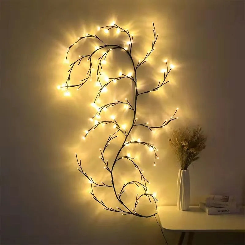 Flexible LED Christmas garland with vine branches and warm white lights for wall decoration
