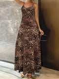 Dark brown leopard print casual dress with sleeveless shoulder strap design and long skirt
