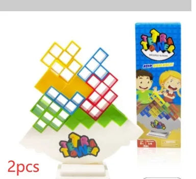 Plastic balance stacking board game with 16 colourful blocks on a chassis and base