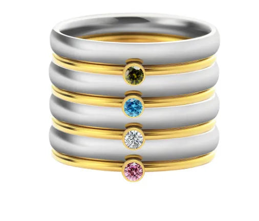 December colour birthstone titanium steel ring with geometric shape and superimposed engraving on band.