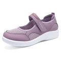 Women's low-top grey mesh casual shoes with velcro strap and round toe