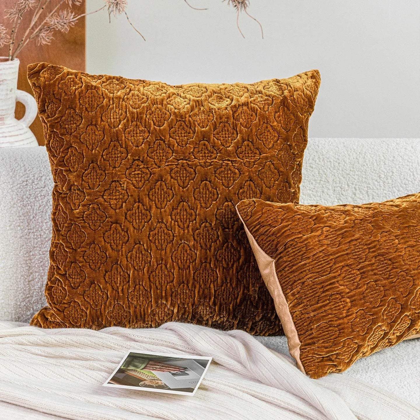 Brown gold antique style quilted cushion pillow with three-dimensional pattern