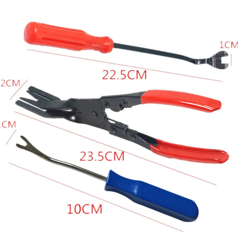 Red handle automotive clip driver tool for General Motors door panel removal with light switch pliers