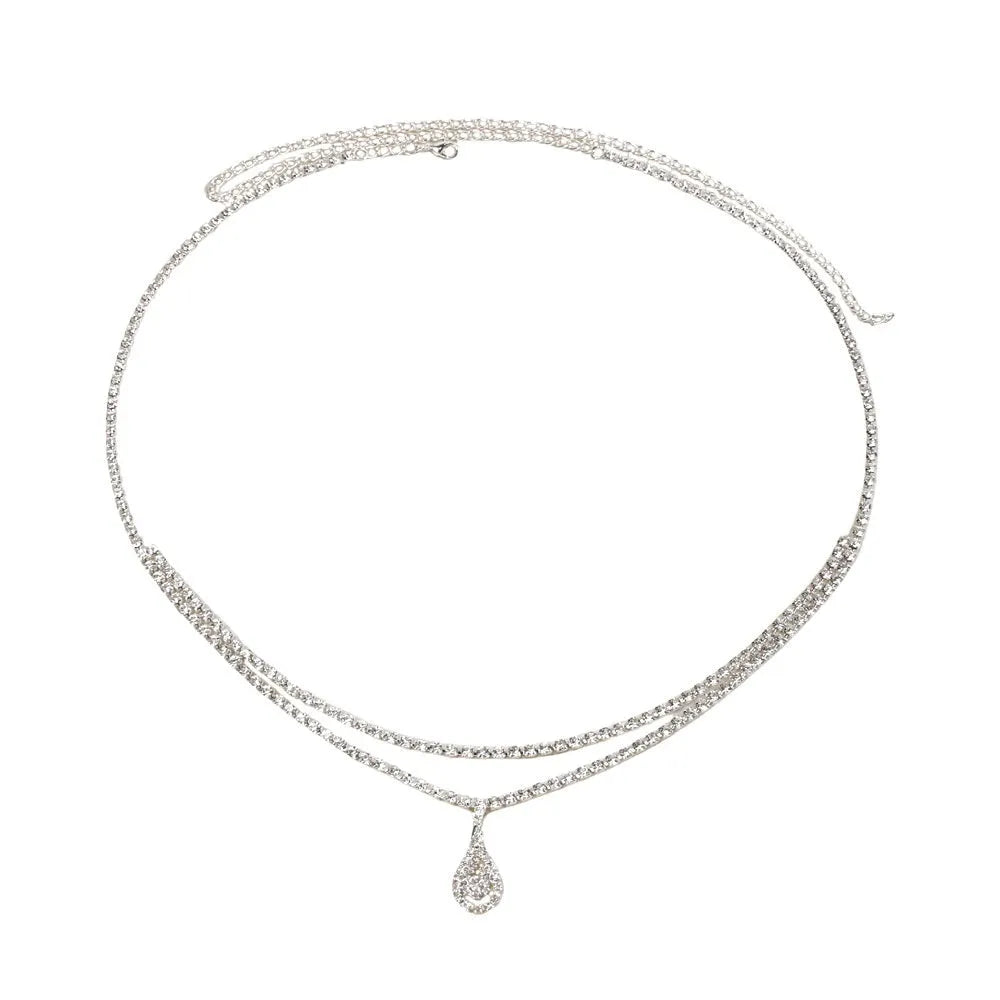 Gold and silver water drop pendant waist chain for women with rhinestones and tassel detailing.