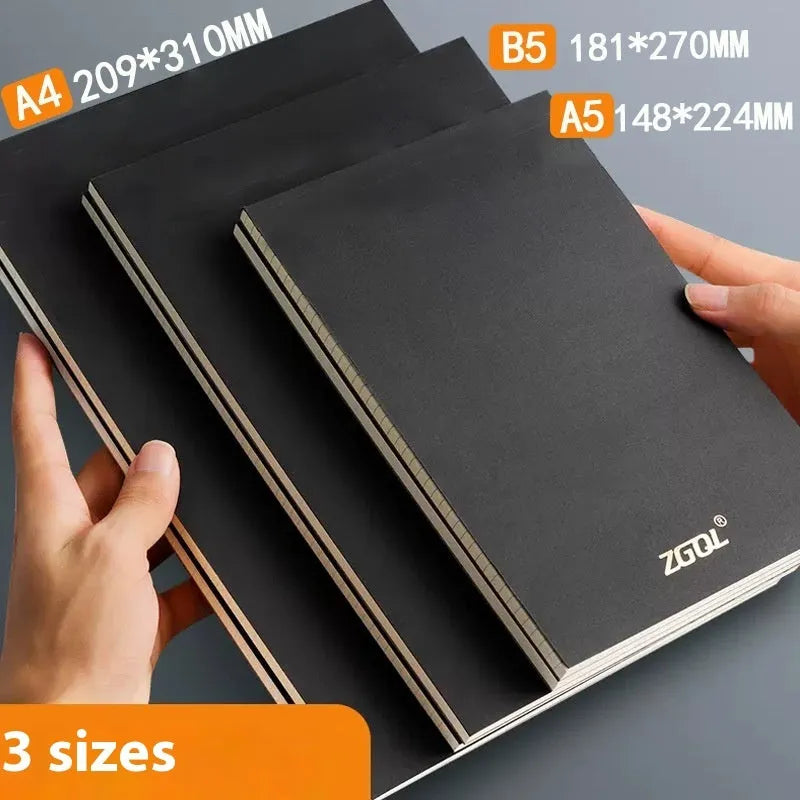 A5, B5, and A4 writing pads with paper covers showing blank, grid, and lined page options