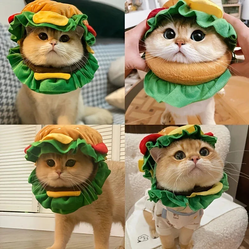 Soft fabric burger headdress collar with adjustable strap for a cat